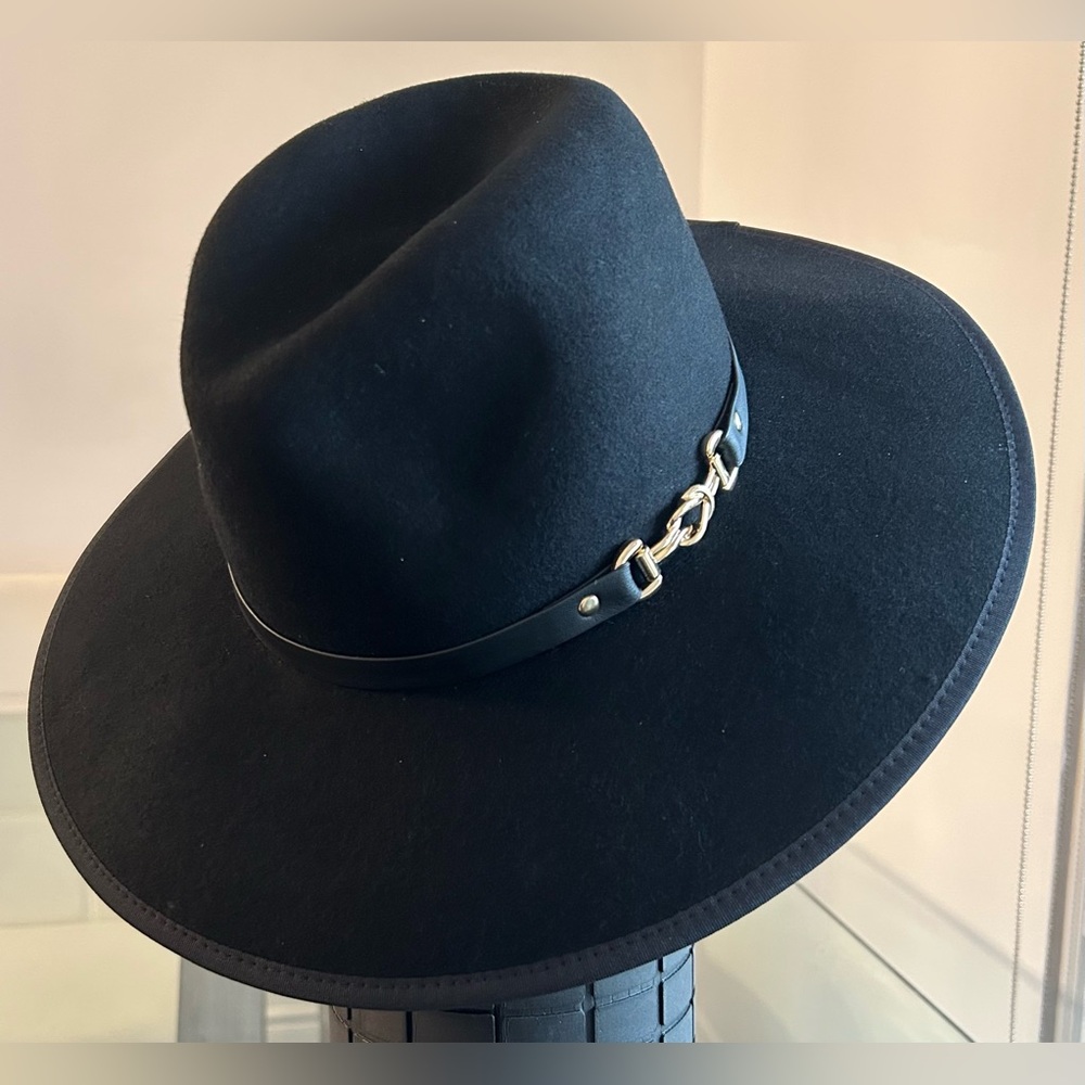Black Wide Brim Fedora Hat with Chain Trim